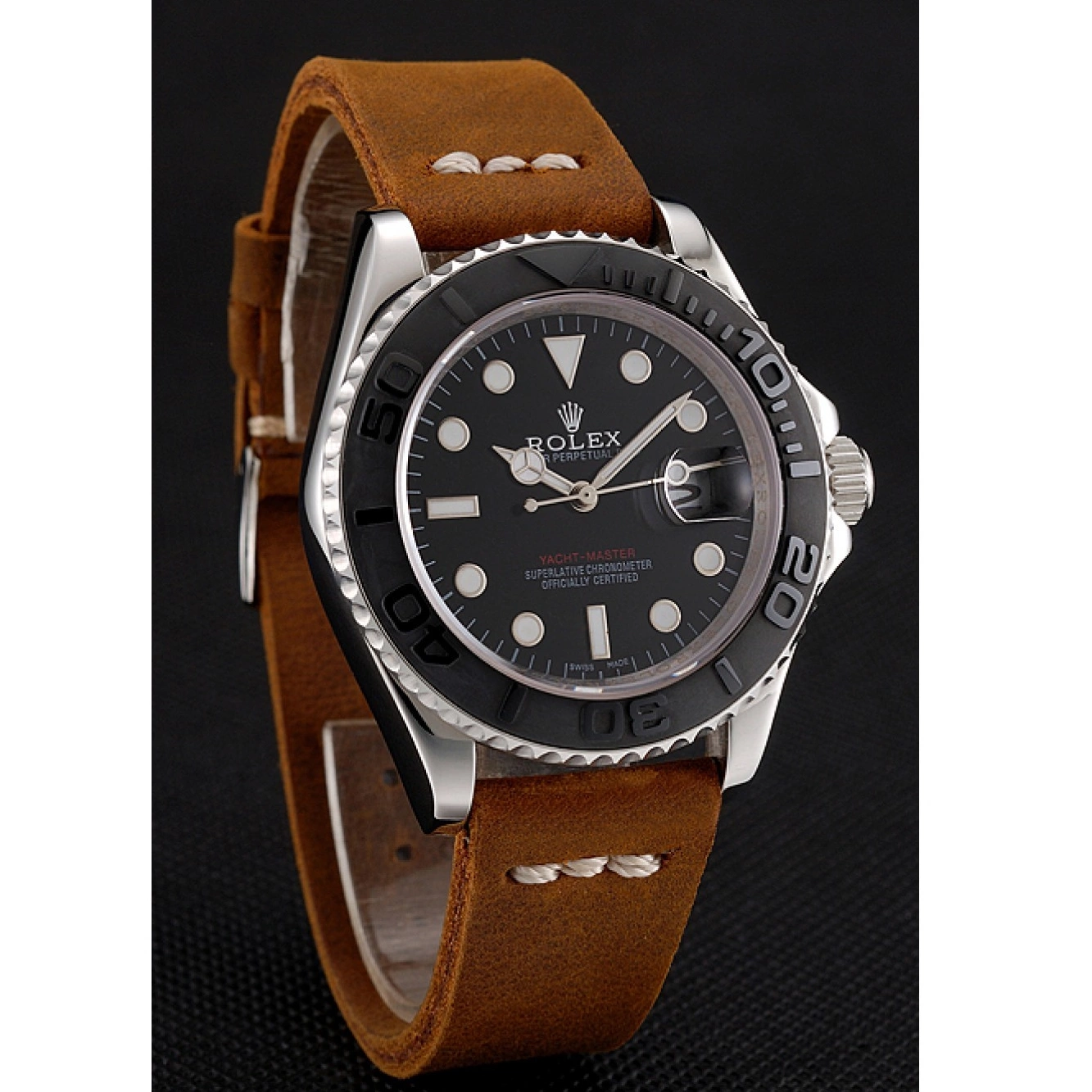 Aaa replica watch Bracelet Brown Leather 1453859 Master Dial Yacht Case Silver Rolex Black 0822